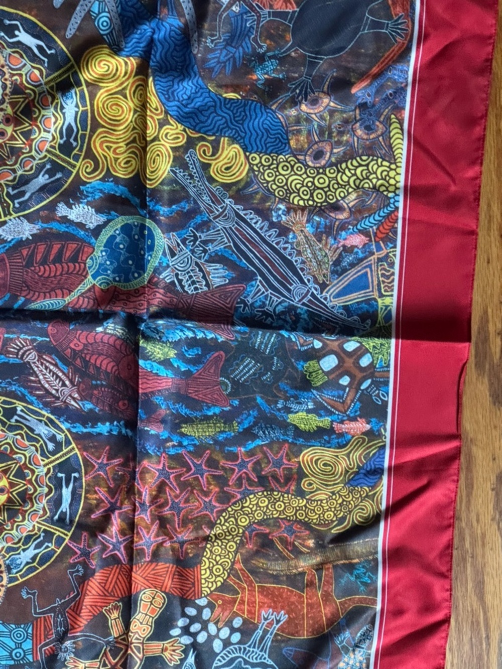 Bulurra Red Border Multicolor Aboriginal Print Scarf made in Australia - Picture 3 of 6
